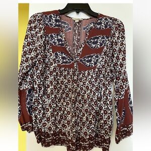 Lucky Brand Women’s Boho V-Neck Top Size Small Long Sleeve Tunic Blouse Rust